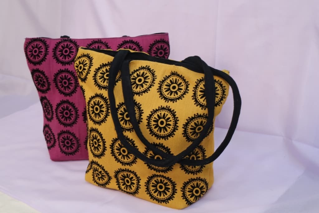 Jute Boho Flower Print Tote Bag — jute manufacturer Bangladesh, Farook Jute Mills (JDP-012)