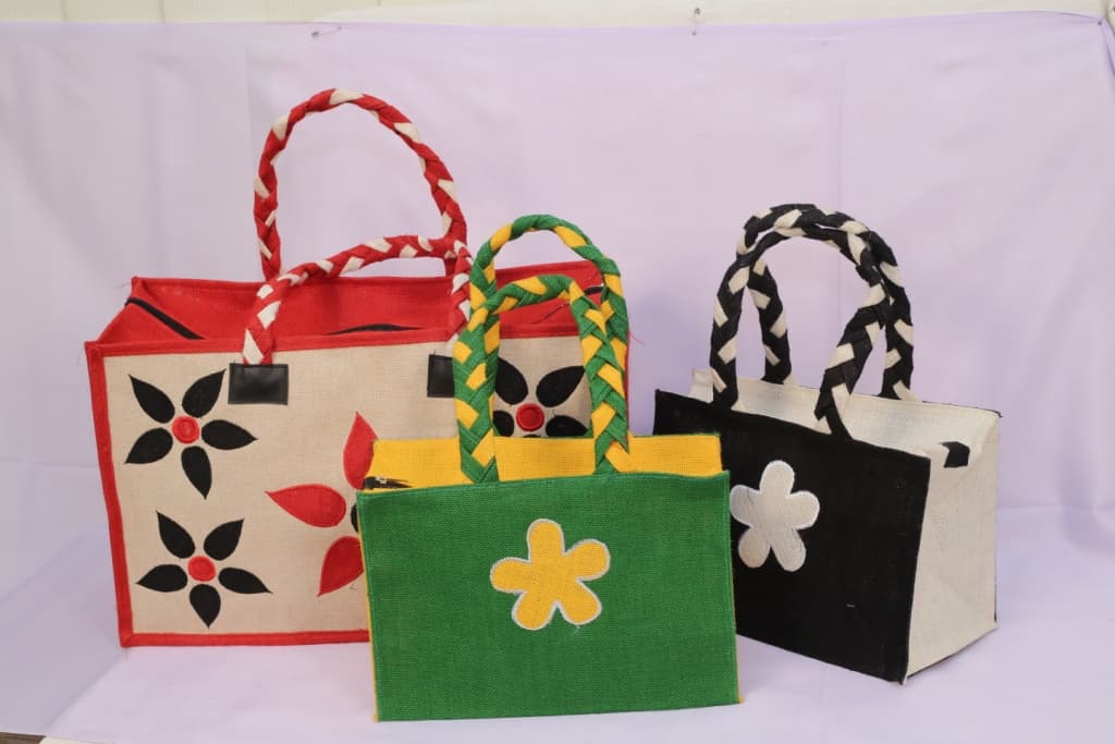 Floral-print jute gift bags — private label jute products manufacturer Bangladesh, Farook Jute Mills